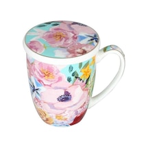 Lucky Art Peony Desenli Bone China Porselen Kapaklı Ve Süzegçli Kupa 570 Ml