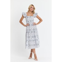 Apsen Kadın Beli Gipeli Kolu Fırfır Detaylı Midi Dokuma Elbise 4510-105 Beyaz