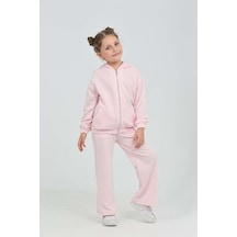 Toontoy Kids Toontoy Kız Çocuk 2'li Takım Çizgili Kapüşonlu Fermuarlı Cepli Sweatshirt & Beli Lastikli Bol Paça Eşofman Altı - Müslin Pembe