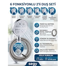 2'li Set 6 Fonksiyonlu Lüks Masajlı Filtreli Duş Başlığı +paslanmaz Sprial Hortumlu Duş Set Beyaz - Gümüş