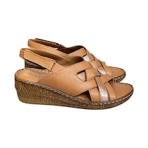 Taba Hakiki Deri Çapraz Bantlı Puf Taban Hafif Comfort Sandalet Taba
