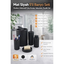 5li Siyah Çizgili 5 Parça Banyo Seti Yuvarlak Çöp Kovası Tuvalet Fırçası Sabunluk Diş Fırçalık Çok Renkli