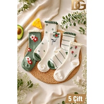 Hitit Socks Kadın 5 Çift Kabartma Desenli Çiçek Ve Çizgi Detaylı Uzun Soket Çorap Yeşil Yeşil - Beyaz