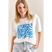 Baskılı Basic Bisiklet Yaka Örme T-shirt Önü Mavi