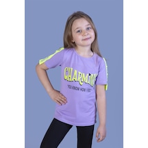 Toontoy Kids Toontoy Kız Çocuk Kolları Şerit Detaylı Baskılı Tişört Lila