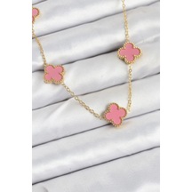 316l Çelik Zincir Gold Pembe Renk Yonca Kadın Kolye 5886 Çok Renkli