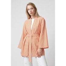Saade Sââde Kadın Dikey Çizgili Geniş Kollu Şık Yazlık Relaxed Kimono Turuncu