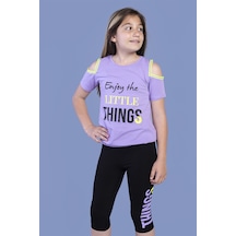 Toontoy Kids Toontoy Kız Çocuk Kolları Şerit Detaylı Baskılı Taytlı Takım Lila