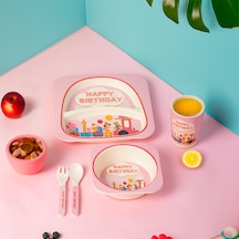 Porsima 233 Figürlü Mama Seti Bebek Mama Tabağı Bambu Mama Seti Pembe
