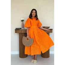 Defymoda Oranj Pileli Balkon Elbise Oranj