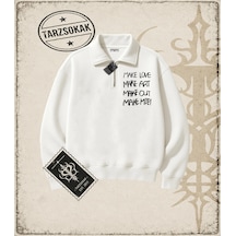 Tarzsokak Gotik & Grunge Streetwear Make Love Make Yarım Fermuarlı Sweatshirt Beyaz