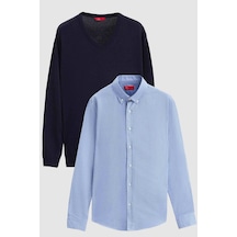 D'S Damat Ds Damat Slim Fit Lacivert Pamuk Karışımlı 2'Li V Yaka Triko Ve Gömlek 1HC0206VBN01 Lacivert