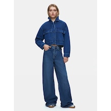 LTB Skyla Önü Cepli Crop Dark İndigo Jean Ceket Dark İndigo