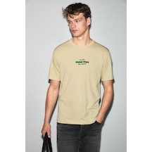 Grımelange Jumılla Erkek %100 Pamuk Yumuşak Kumaşlı Baskılı Yuvarlak Yaka Bej T-shirt