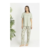 Estiva Kadın Ayıcık Alt Desenli Kısa Kollu Soft Pijama Takımı Yeşil