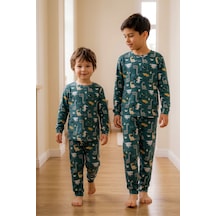 Zuzunga Erkek Çocuk %100 Pamuk Süprem Kumaş Uzun Kollu Mevsimlik Pijama Takımı Haki