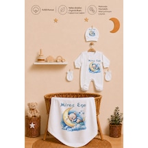Pia Baby Kişiye Özel Erkek Bebek Tulum Set 4 Parça %100 Pamuk İsimli Organik Baskılı Battaniyeli 1089bt3x Krem
