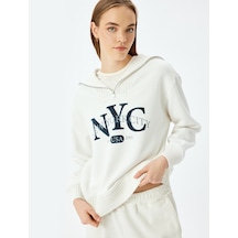 Koton Yarım Fermuarlı Baskılı Oversize Kolej Sweatshirt Ekru 5sal10516ık Ekru