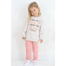 Breeze Kız Çocuk Eşofman Takım Simli Yazı Baskılı Sevimli Ayıcıklı 1.5-5 Yaş, Bej Melanj Bej Melanj