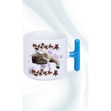 Sevimli Kedi Baskılı T Saplı Kupa Bardak Porselen Çay Kahve Fincanı