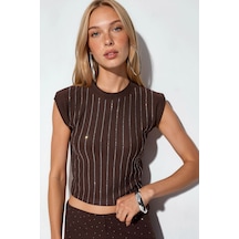 Hiccup Bdart Bisiklet Yaka Slim Fit Taşlı Bluz Mocha Kahvesi