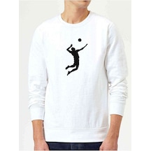 Silhouette Volleyball Baskılı Beyaz Erkek Örme Sweatshirt