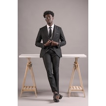 Carutte Slimfit Sivri Yaka Çift Pileli Dokulu Kumaş Yelek Kombinli Takım Elbise 001