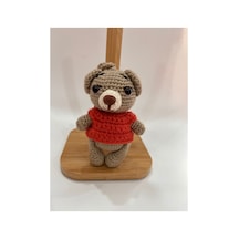 El Yapımı Amigurumi Ayıcık Anahtarlık - Kırmızı Tişörtlü Ayı 12cm Gri Gri