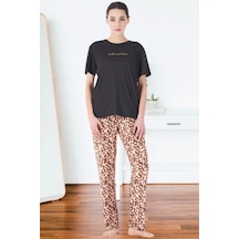 Estiva 25161 Kadın Marla Leoparlı Kısa Kol Pijama Takımı Siyah