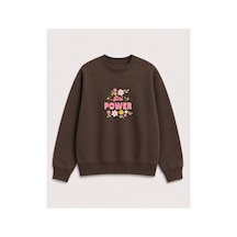 Herkesemoda Power Girl Çiçek Baskı Detaylı Şardonlu 2 İplik Bisiklet Yaka Sweatshirt Kahverengi