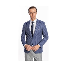 Wessi Çizgili Slim Fit Mavi Erkek Ceket Siyah