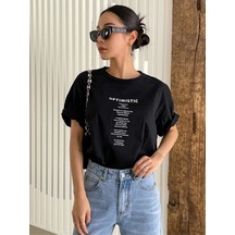 Flood Of Style Kadın Siyah Optımıstıc Baskılı Oversize Bisiklet Yaka Tshirt
