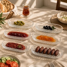 6 Adet Cam Oval Balık Sırtı Çerez Meyve Meze Sunum Tabağı Kahvaltı Sunum Kayık Tabak Açık Gri