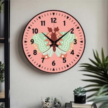 Kelebek Desenli Dekoratif Türkçe Rakamlı Uv Baskılı Duvar Saati Sessiz Akar Mekanizma Metal Akrep Pembe