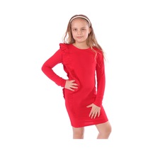 Toontoy Kız Çocuk Regular Fit Bisiklet Yaka Uzun Kollu Fırfırlı Elbise Kırmızı