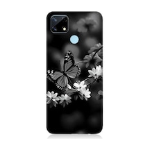Realme C17 Uyumlu Siyah Beyaz Kelebek Ve Çiçek Desenli Silikon Kılıf
