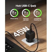Kompakt Duvar Şarj Cihazı 45 W + Usb-c - Usb-c Kablosu, 17, 16, 15, 14, Plus, Pro, Pro Max, Galaxy S25 Serisi, S24, 9, İpad, Airpods Ve Fazlası İçin Hızlı Şarj, Siyah