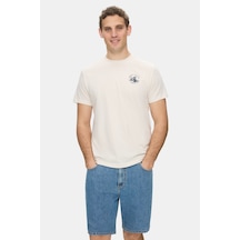 Ucla Telmo Kemik Rengi Bisiklet Yaka Baskılı %100 Pamuk Oversize Erkek Tshirt Kemik Rengi