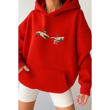 Benroma 3 İplik Penye El Parmak Unisex Kapüşonlu Sweat Kırmızı
