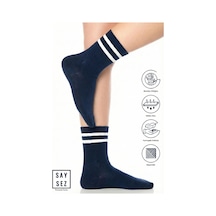 Saysez Bambu Unisex Tenis Kolej Çizgili Lacivert Premium Dikişsiz Soket Çorap Lacivert