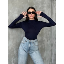 %95 Pamuklu Parmak Geçmeli Kadın Body Esnek Kumaş Lacivert