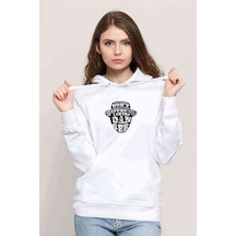 Hat Man Baskılı Beyaz Kadın Kapşonlu Sweatshirt