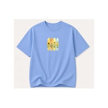 Herkesemoda Ayçiçek Demeti Baskılı Kadın Bisiklet Yaka Pamuklu T-shirt Açık Mavi