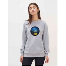 Watercolor Camp Night Day Baskılı Gri Kadın Sweatshirt
