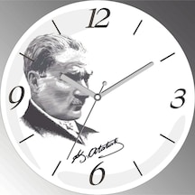 Atatürk Silüet İmza Zemin Beyaz Çap 30cm Sessiz Akar Bombeli Gerçek Cam Duvar Saati Siyah