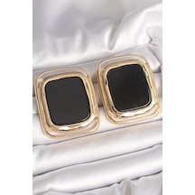 Pirinç Gold Renk Siyah Mineli Kare Model Kadın Küpe Altın Pirinç Gold Renk Siyah Mineli Kare Model Kadın Küpe Altın