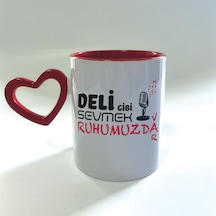 Deli Gibi Sevmek Ruhumuzda Var Baskılı Kırmızı Boş Kalp Kulplu Mega Kupa