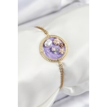 316l Çelik Zincir Mor Mineli Sanatsal Portre İnci Detaylı Çiçek Model Gold Renk Kadın Bileklik - Tj-bb7228 Diğer