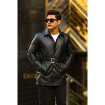 Erkek Slim Fit 80 Cm Uzun Deri Ceket - Full Tay Tüyü Astarlı Siyah Deri Kürklü