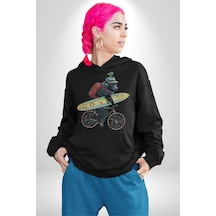 Komik Köpek Sörf Tahtası Bisiklet Kadın Erkek Siyah Kapüşonlu Sweatshirt Hoodie Siyah